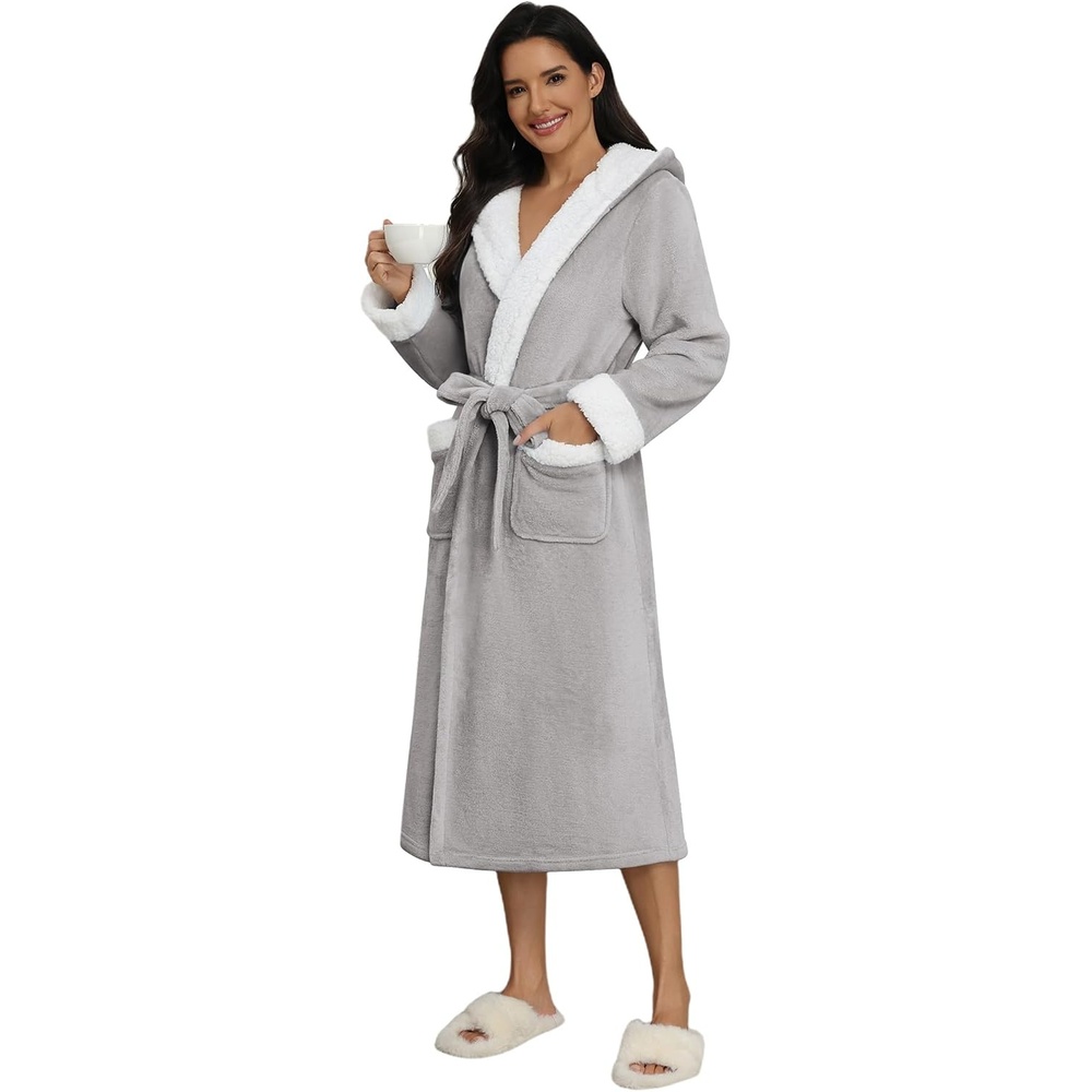 image:imageEkouaer Plush Warm Robes for Women Fluffy Hooded Robe Soft Fleece Long BathrobeLight Grey