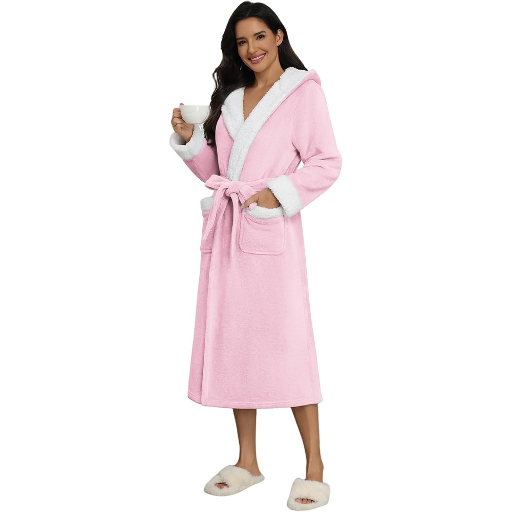 image:imageEkouaer Plush Warm Robes for Women Fluffy Hooded Robe Soft Fleece Long BathrobePink