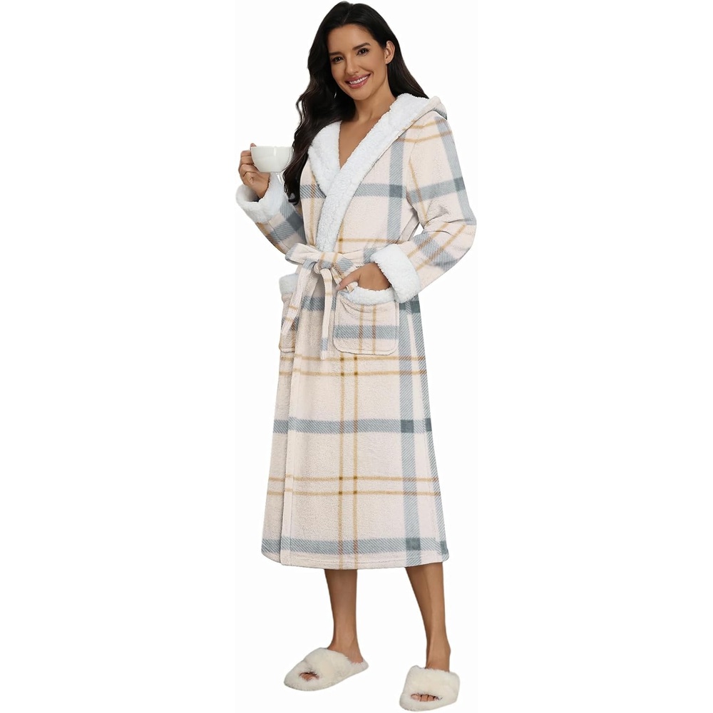 image:imageEkouaer Plush Warm Robes for Women Fluffy Hooded Robe Soft Fleece Long BathrobePlaid Grey Khaki
