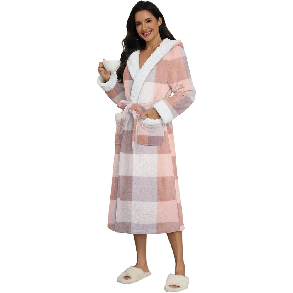 image:imageEkouaer Plush Warm Robes for Women Fluffy Hooded Robe Soft Fleece Long BathrobePlaid Grey Pink