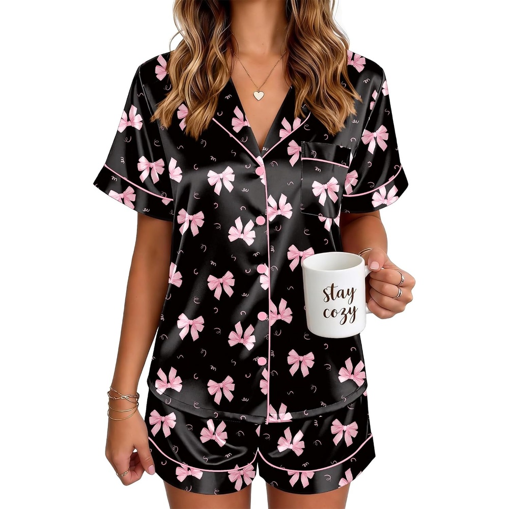 image:imageEkouaer Satin Pajamas for Women Silk Pjs Short Set 2 Piece Lounge SetsBlack Bow Ties