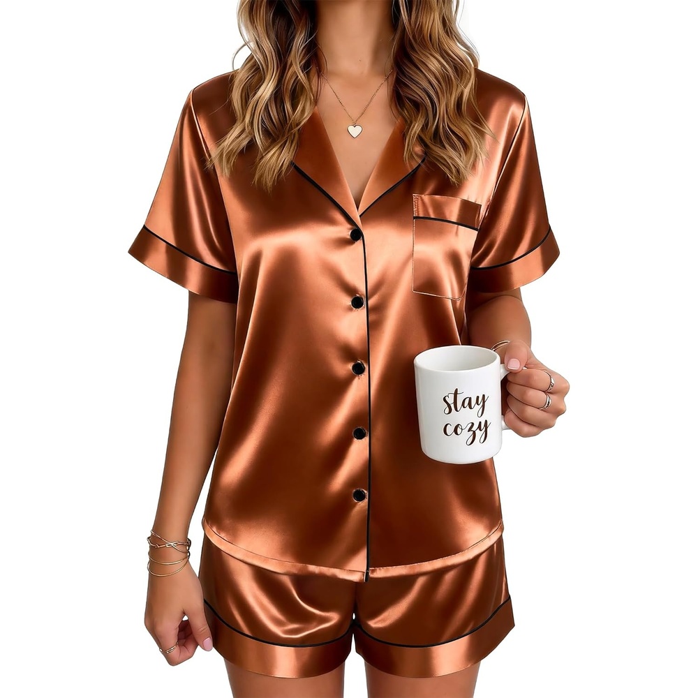 image:imageEkouaer Satin Pajamas for Women Silk Pjs Short Set 2 Piece Lounge SetsBrown