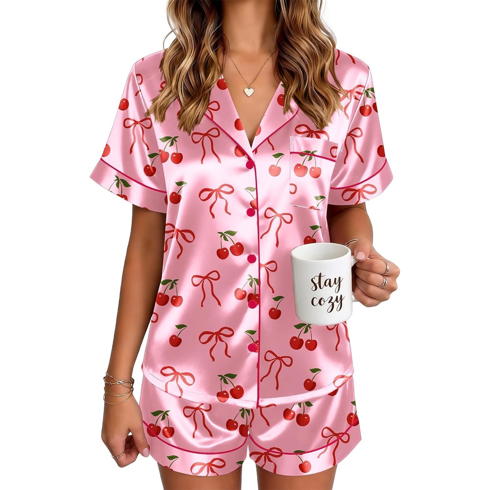 image:imageEkouaer Satin Pajamas for Women Silk Pjs Short Set 2 Piece Lounge SetsCherry and Bow