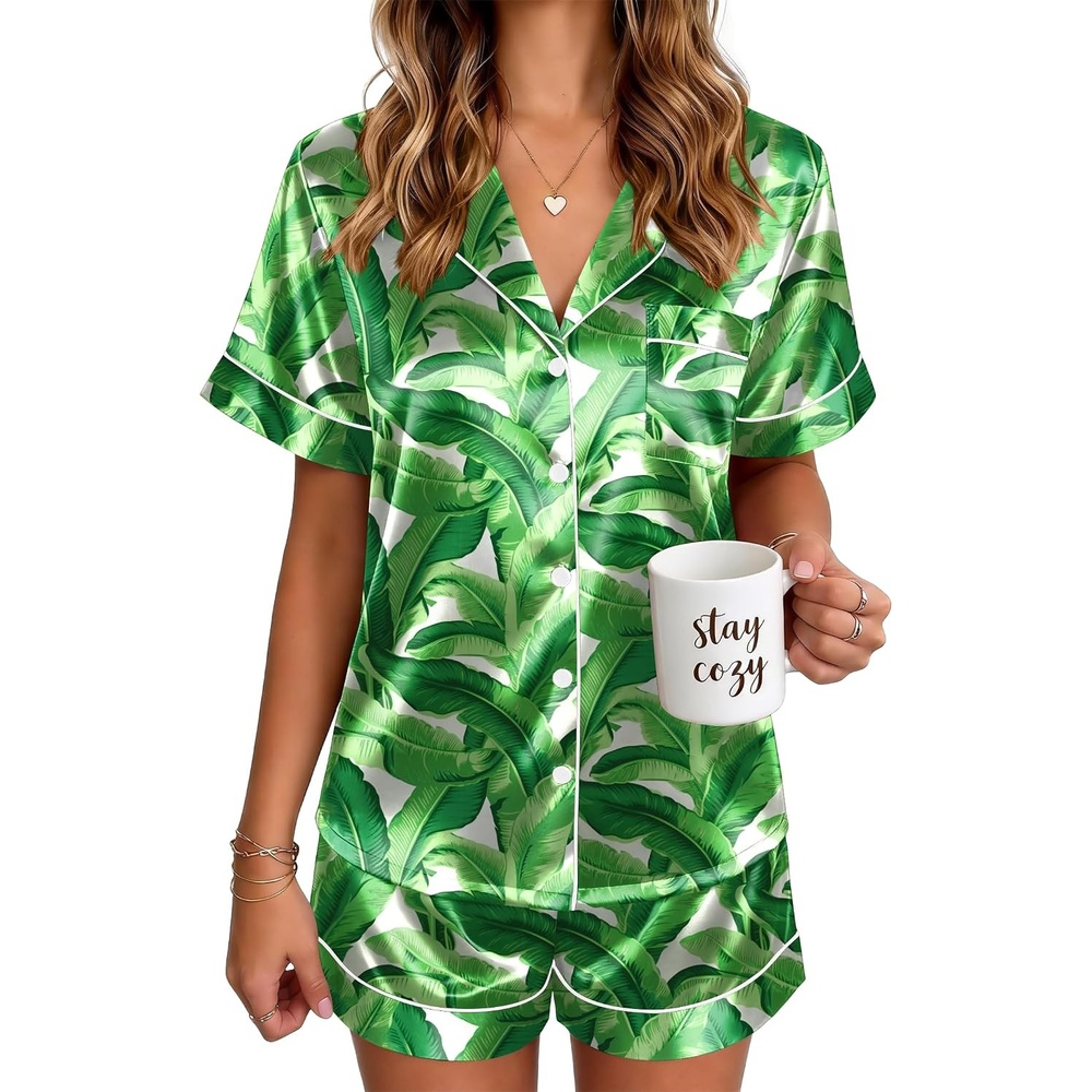 image:imageEkouaer Satin Pajamas for Women Silk Pjs Short Set 2 Piece Lounge SetsHawaii Green Leaves