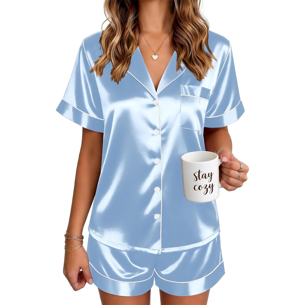 image:imageEkouaer Satin Pajamas for Women Silk Pjs Short Set 2 Piece Lounge SetsLight Blue