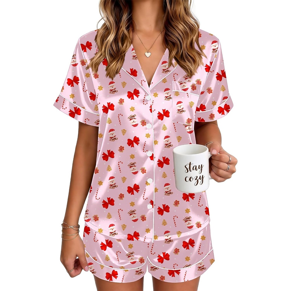 image:imageEkouaer Satin Pajamas for Women Silk Pjs Short Set 2 Piece Lounge SetsPink Christmas