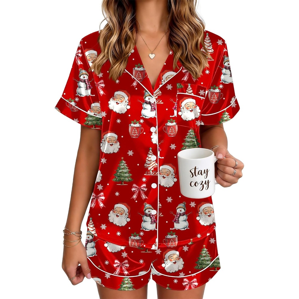 image:imageEkouaer Satin Pajamas for Women Silk Pjs Short Set 2 Piece Lounge SetsRed Christmas