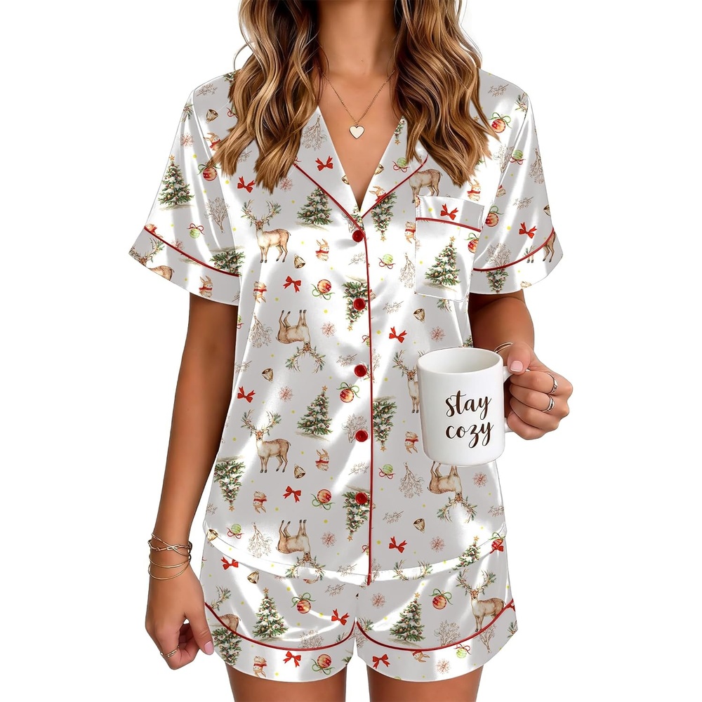 image:imageEkouaer Satin Pajamas for Women Silk Pjs Short Set 2 Piece Lounge SetsWhite Christmas