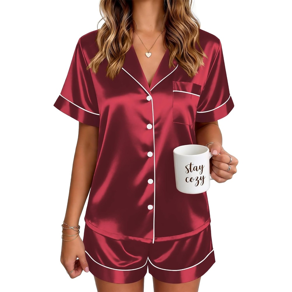 image:imageEkouaer Satin Pajamas for Women Silk Pjs Short Set 2 Piece Lounge SetsWine