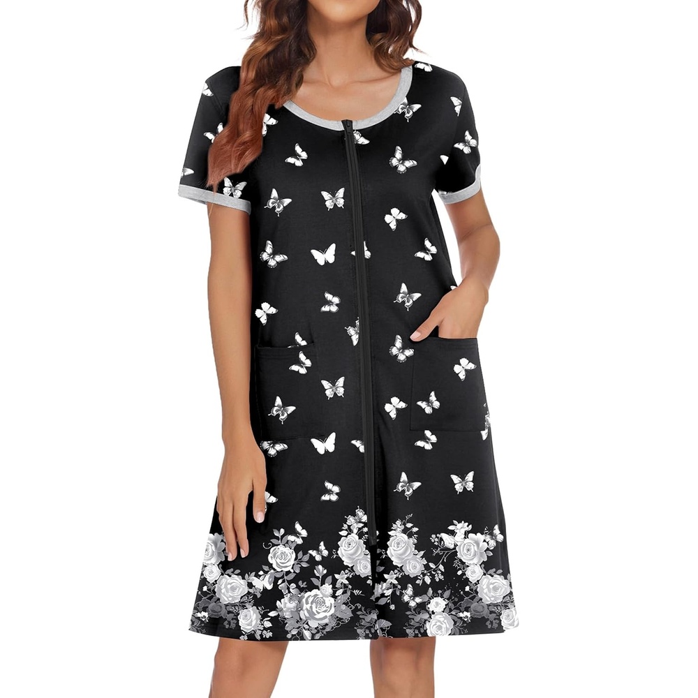 image:imageEkouaer Women Zipper Front House Coat Robe Zip Up Bathrobes Short NightgownButterfly Flower