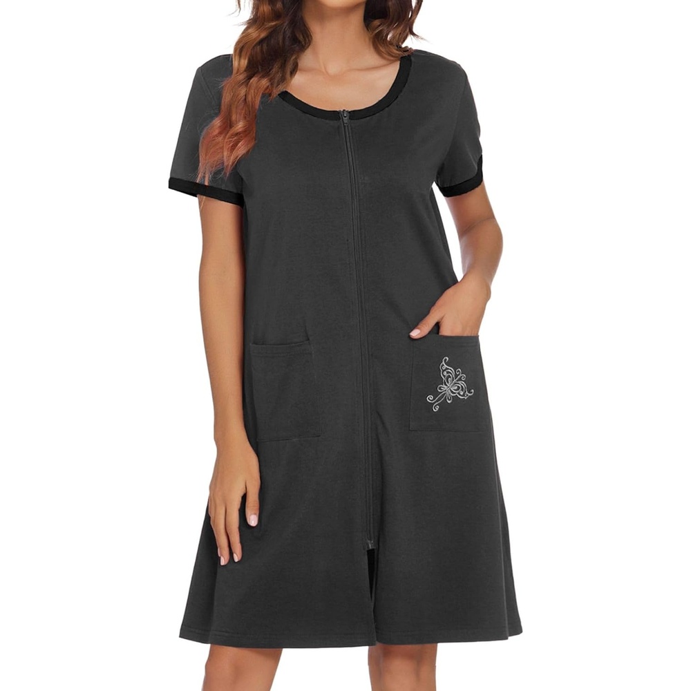 image:imageEkouaer Women Zipper Front House Coat Robe Zip Up Bathrobes Short NightgownDeep Gray