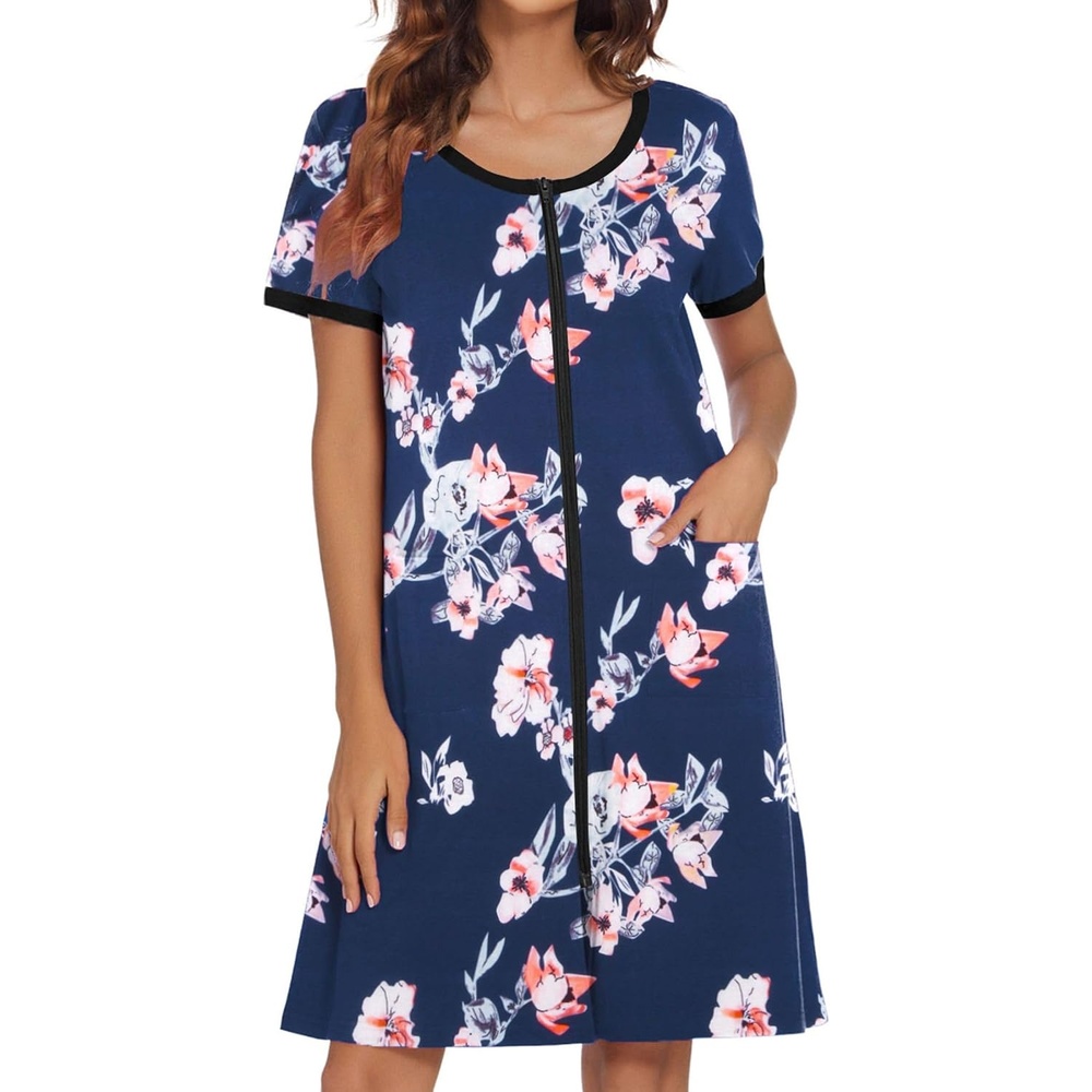 image:imageEkouaer Women Zipper Front House Coat Robe Zip Up Bathrobes Short NightgownNavy Blue Floral
