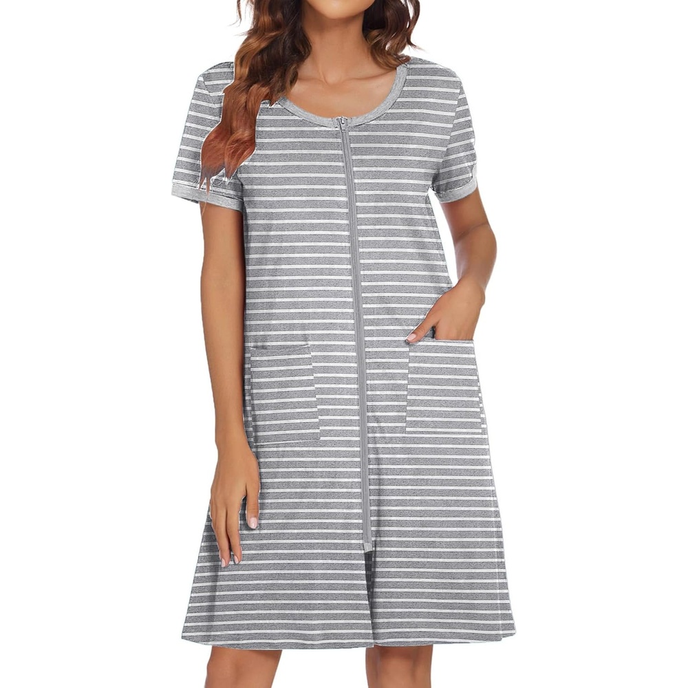 image:imageEkouaer Women Zipper Front House Coat Robe Zip Up Bathrobes Short NightgownStriped Print