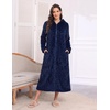 Ekouaer Fleece Robes for Women Zipper Long Bathrobe Plush Hooded Housecoat(P Navy Blue Jacquard)