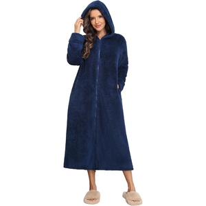 Ekouaer Fleece Robes for Women Zipper Long Bathrobe Plush Hooded Housecoat(B Navy Blue)