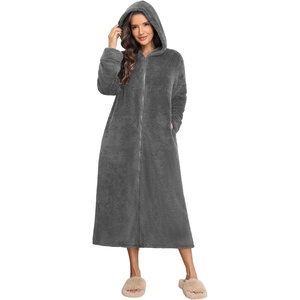 Ekouaer Fleece Robes for Women Zipper Long Bathrobe Plush Hooded Housecoat(Dark Grey)