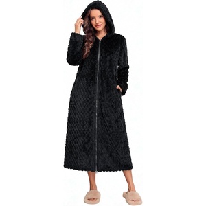 Ekouaer Fleece Robes for Women Zipper Long Bathrobe Plush Hooded Housecoat(P Black Jacquard)