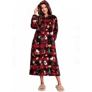 Ekouaer Fleece Robes for Women Zipper Long Bathrobe Plush Hooded Housecoat(P Christmas Plaid)