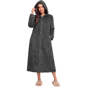 Ekouaer Fleece Robes for Women Zipper Long Bathrobe Plush Hooded Housecoat(P Dark Grey Jacquard)