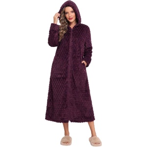 Ekouaer Fleece Robes for Women Zipper Long Bathrobe Plush Hooded Housecoat(P Dark Purple Jacquard)