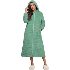 Ekouaer Fleece Robes for Women Zipper Long Bathrobe Plush Hooded Housecoat(P Green Jacquard)