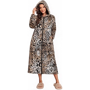 Ekouaer Fleece Robes for Women Zipper Long Bathrobe Plush Hooded Housecoat(P Leopard)