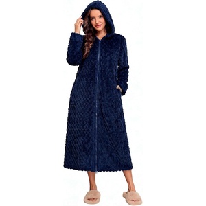 Ekouaer Fleece Robes for Women Zipper Long Bathrobe Plush Hooded Housecoat(P Navy Blue Jacquard)