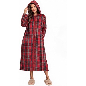 Ekouaer Fleece Robes for Women Zipper Long Bathrobe Plush Hooded Housecoat(P Red Plaid)