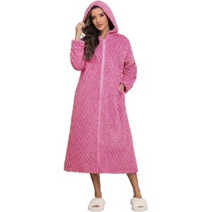 Ekouaer Fleece Robes for Women Zipper Long Bathrobe Plush Hooded Housecoat(P Rose Red Jacquard)