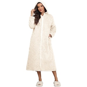 Ekouaer Fleece Robes for Women Zipper Long Bathrobe Plush Hooded Housecoat(P White Jacquard)