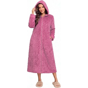 Ekouaer Fleece Robes for Women Zipper Long Bathrobe Plush Hooded Housecoat(Peach Pink Jacquard)