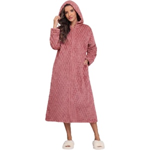Ekouaer Fleece Robes for Women Zipper Long Bathrobe Plush Hooded Housecoat(Purple Red Jacquard)