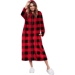 Ekouaer Fleece Robes for Women Zipper Long Bathrobe Plush Hooded Housecoat(Red and Black Pliad)