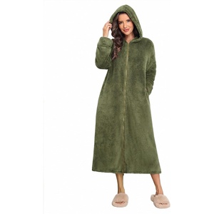 Ekouaer Fleece Robes for Women Zipper Long Bathrobe Plush Hooded Housecoat(Z Army Green)