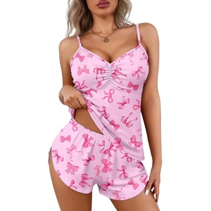 Ekouaer Pajama Sets for Women V Neck Cami Split Short Set(Bow Tie Pink)