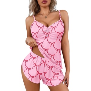 Ekouaer Pajama Sets for Women V Neck Cami Split Short Set(Pink Bow)