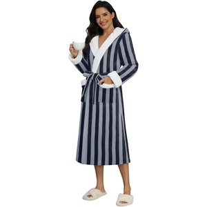 Ekouaer Plush Warm Robes for Women Fluffy Hooded Robe Soft Fleece Long Bathrobe(Black & Gray Stripes)