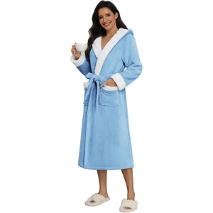 Ekouaer Plush Warm Robes for Women Fluffy Hooded Robe Soft Fleece Long Bathrobe(Light Blue)