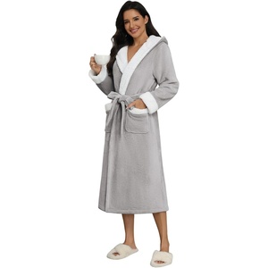 Ekouaer Plush Warm Robes for Women Fluffy Hooded Robe Soft Fleece Long Bathrobe(Light Grey)