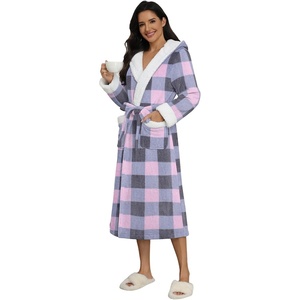 Ekouaer Plush Warm Robes for Women Fluffy Hooded Robe Soft Fleece Long Bathrobe(Plaid Blue & Pink)