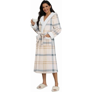 Ekouaer Plush Warm Robes for Women Fluffy Hooded Robe Soft Fleece Long Bathrobe(Plaid Grey Khaki)