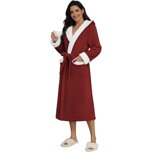 Ekouaer Plush Warm Robes for Women Fluffy Hooded Robe Soft Fleece Long Bathrobe(Wine Red)