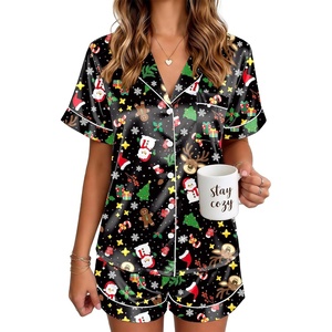 Ekouaer Satin Pajamas for Women Silk Pjs Short Set 2 Piece Lounge Sets(Black Christmas)