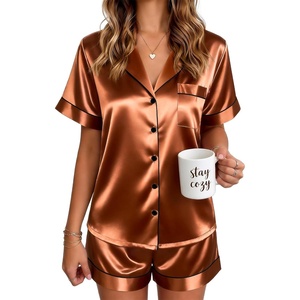 Ekouaer Satin Pajamas for Women Silk Pjs Short Set 2 Piece Lounge Sets(Brown)
