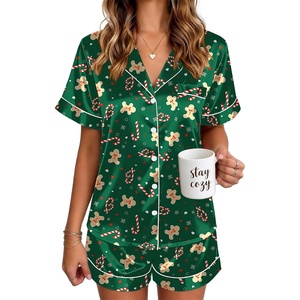 Ekouaer Satin Pajamas for Women Silk Pjs Short Set 2 Piece Lounge Sets(Green Christmas)