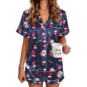 Ekouaer Satin Pajamas for Women Silk Pjs Short Set 2 Piece Lounge Sets(Navy Christmas)