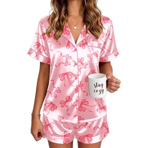 Ekouaer Satin Pajamas for Women Silk Pjs Short Set 2 Piece Lounge Sets(Pink Bow Ties)