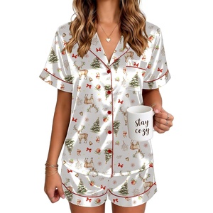 Ekouaer Satin Pajamas for Women Silk Pjs Short Set 2 Piece Lounge Sets(White Christmas)