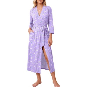 Ekouaer Women Robes Long Knit Bathrobe Soft Kimono Loungewear with Pockets(Purple Floral)