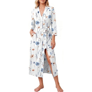 Ekouaer Women Robes Long Knit Bathrobe Soft Kimono Loungewear with Pockets(White Flowers)